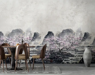 Fototapete Wandtapete mit Motiv Aquarell Berge mit Kirschblüten in Grau Rosa 3,4 x 2,12 m 