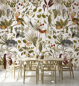 Fototapete Bildtapete Vintage Dschungel-Tierwelt in Naturtönen mit Blättern 3,4 x 2,65 m 