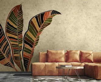 Fototapete Bildtapete Boho Bananenblätter in Naturtönen auf sandiger Vintage-Struktur 3,4 x 2,65 m 