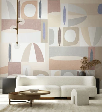 Fototapet Abstrakta former från mitten av seklet i pastell med beige och blått 2,7 x 4,24 m Fototapet Abstrakta former från mitten av seklet i pastell med beige och blått 2,7 x 4,24 m