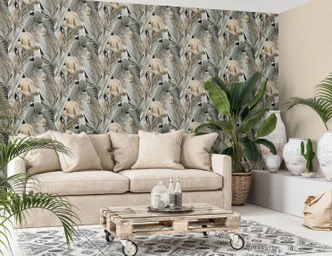 Vliestapete in Blattmotiv mit versteckten Tieren grau, braun Floral 