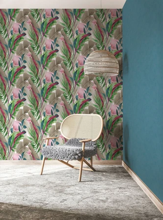 Vliestapete in Blattmotiv mit versteckten Tieren grün, braun Floral 