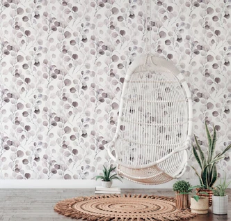 Vliestapete mit gemalten Blättern weiß, lila Floral 