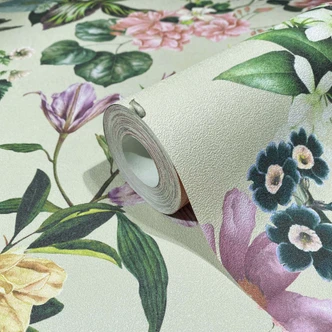 Behang, vlies bloemen behang Flora beige, roze 