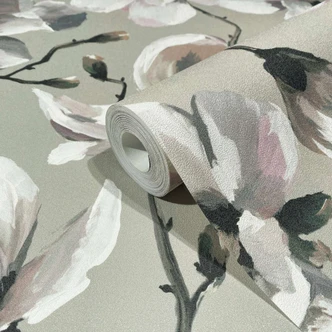 Vliestapete mit Blättern in gemaltem Stil grau, beige Floral 