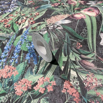 Vliestapete mit bunter Blumenwiese schwarz, grün Floral 