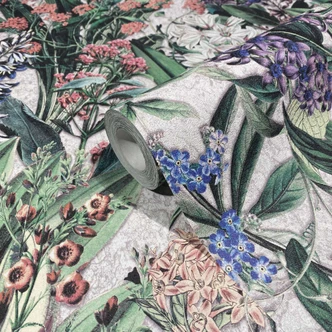 Vliestapete mit bunter Blumenwiese grau, grün Floral 