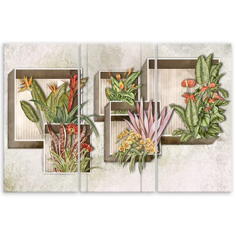 Leinwandbild 3 teilig, Quadratkisten Regale mit Blumen 