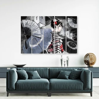 Leinwandbild 5 teilig, Geisha mit einem Fan 
