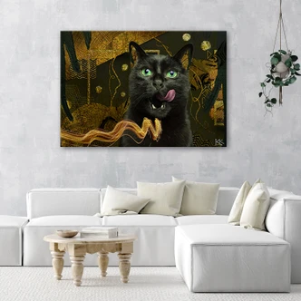 Canvas schilderij, Zwarte kat goud abstractie 