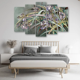 Leinwandbild 5 teilig, Iris Blumen im Wind 