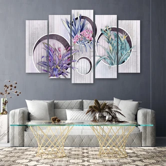 Leinwandbild 5 teilig, Quadratkisten Regale mit Blumen 