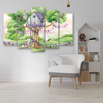 Leinwandbild 5 teilig, Weiße Kaninchen Hütte auf dem Baum 