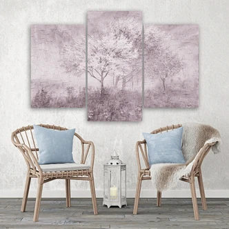 3-delige canvas print een bloeiende boom in de weide oud zwart-wit 