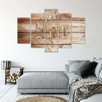 Leinwandbild 5 teilig, Liebe Holz Vintage Braun 