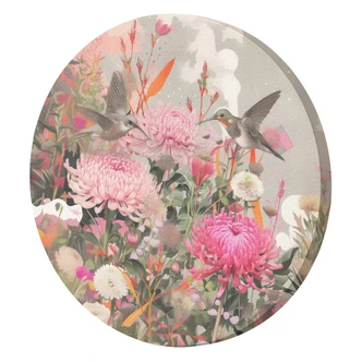 Rundes Leinwandbild Kolibris und Blumen auf dem Feld 