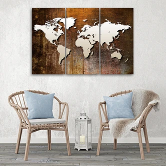 Stampa su tela 3 pezzi, mappa del mondo marrone vintage 