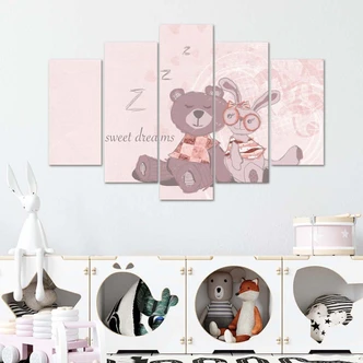 Leinwandbild 5 teilig, Teddybär Rosa Hase 