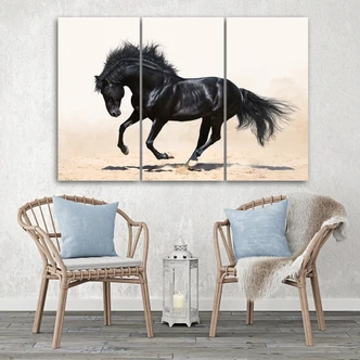 Leinwandbild 3-teilig, Galopp des schwarzen Pferdes Leinwandbild 3-teilig, Galopp des schwarzen Pferdes