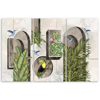 Leinwandbild 3 teilig, Formen in der Wand mit Pflanzen und Vögeln Toucan Koliber 