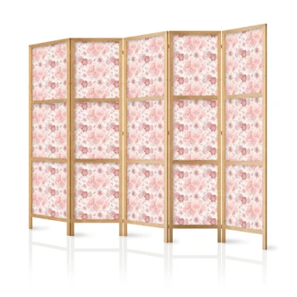 Japanischer Paravent, Raumteiler freistehend, Trennwand - Pink Blossoming on White Background 