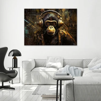 Canvasbillede, Chimpanse med hovedtelefoner 