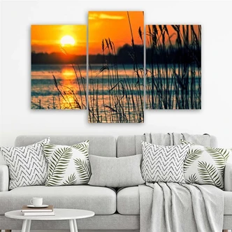 Leinwandbild 3-teilig, Sonnenuntergang See Gras Natur 