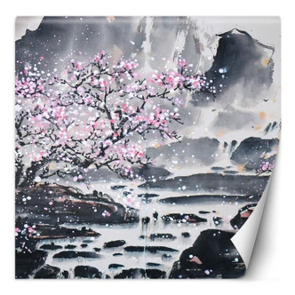 Fototapete, Blühender Kirschbaum Japan Landschaft 