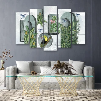 Leinwandbild 5 teilig, Formen in der Wand mit Pflanzen und Vögeln Toucan Koliber 