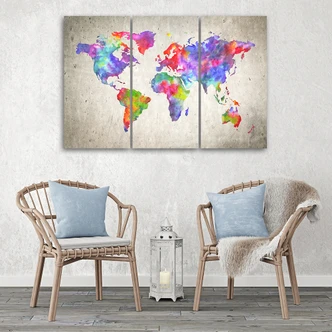 Leinwandbild 3-teilig, Weltkarte Bunt 