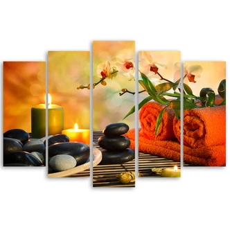 Leinwandbild 5 teilig, Steine Zen Blumen 
