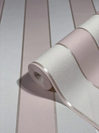 Vliestapete mit leicht glänzenden Blockstreifen weiß, rosa Streifen 