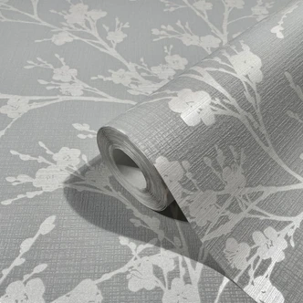 Vliestapete mit leicht glänzendem Blattmotiv grau Floral 
