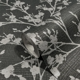 Papier peint à fleurs intissé Novamur Yvi noir, argenté 