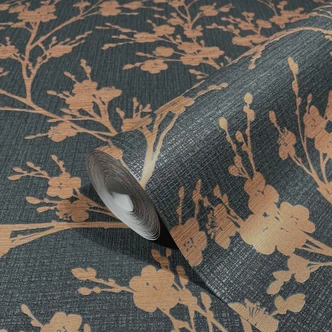Vliestapete mit leicht glänzendem Blattmotiv schwarz, gold Floral 