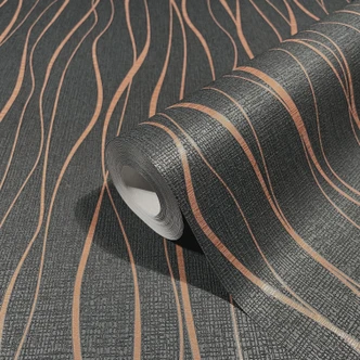 Vliestapete mit geschwungenen Linien schwarz, gold Welle 
