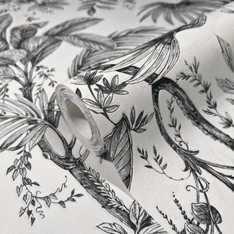 Vliestapete mit Pflanzen im Dschungel-Style weiß, schwarz Floral 