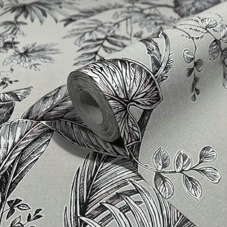Vliestapete mit Pflanzen im Dschungel-Style beige, schwarz Floral 