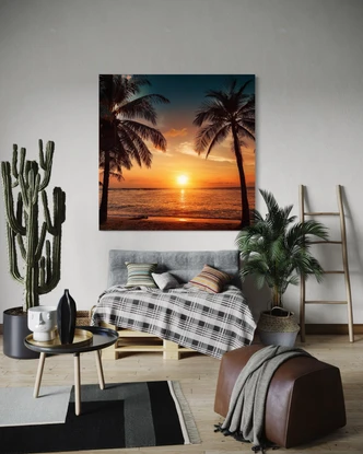 Leinwandbild Sonnenuntergang Strand Palmen 
