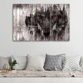 Leinwandbild 3-teilig, Wolf Wald Retro 