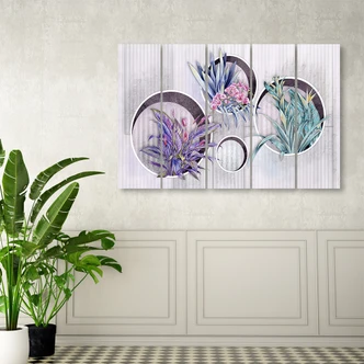 Leinwandbild 5 teilig, Quadratkisten Regale mit Blumen 