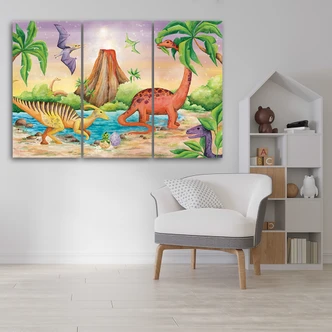 Leinwandbild 3 teilig, Dinosaurier am See 