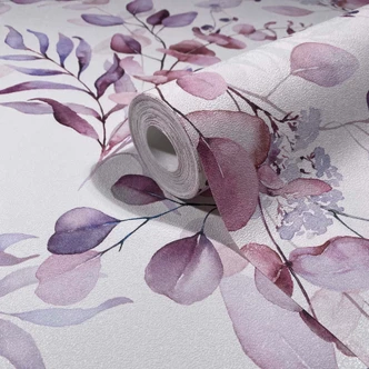 Vliestapete Blätter, Äste Floral Natur matt in Weiß Rot 