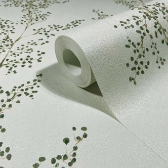 Vliestapete Blätter, Äste Floral Natur matt in Grau Grün 