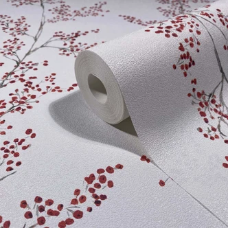 Papel pintado no tejido hojas, ramas naturaleza floral mate en blanco rojo 