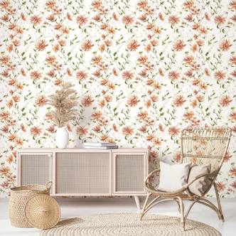 Vliestapete Blumen, Blätter Floral Natur matt in Weiß Orange 