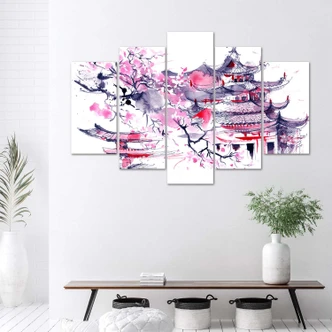 Leinwandbild 5 teilig, Japanische rosa Landschaft 