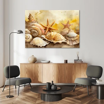 Leinwandbild Muscheln und Seesterne gemalt 