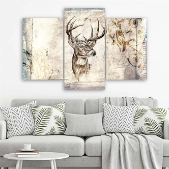 Leinwandbild 3-teilig, Hirsch Tier Vintage Beige 
