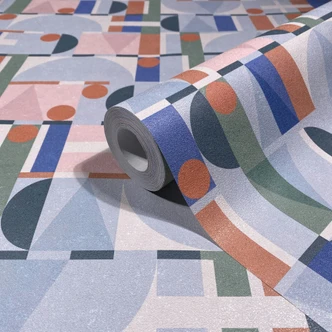 Papier peint intissé vert bleu orange formes modernes graphique géométrique  